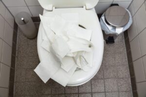 Toilet paper overflowing a toilet