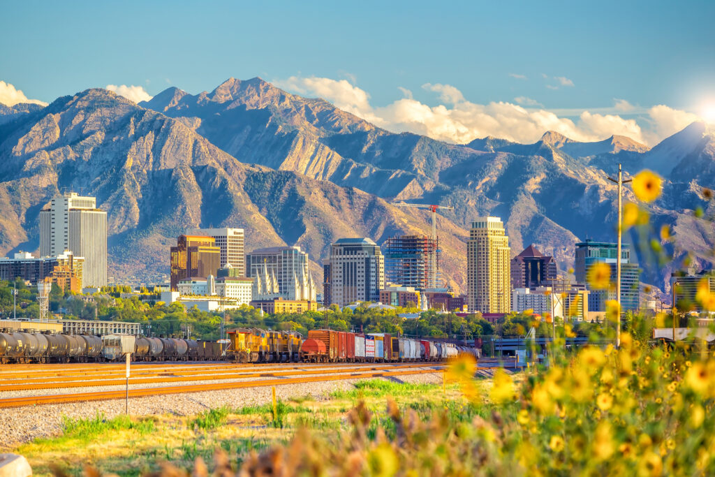 A city with tall mountains in the background.