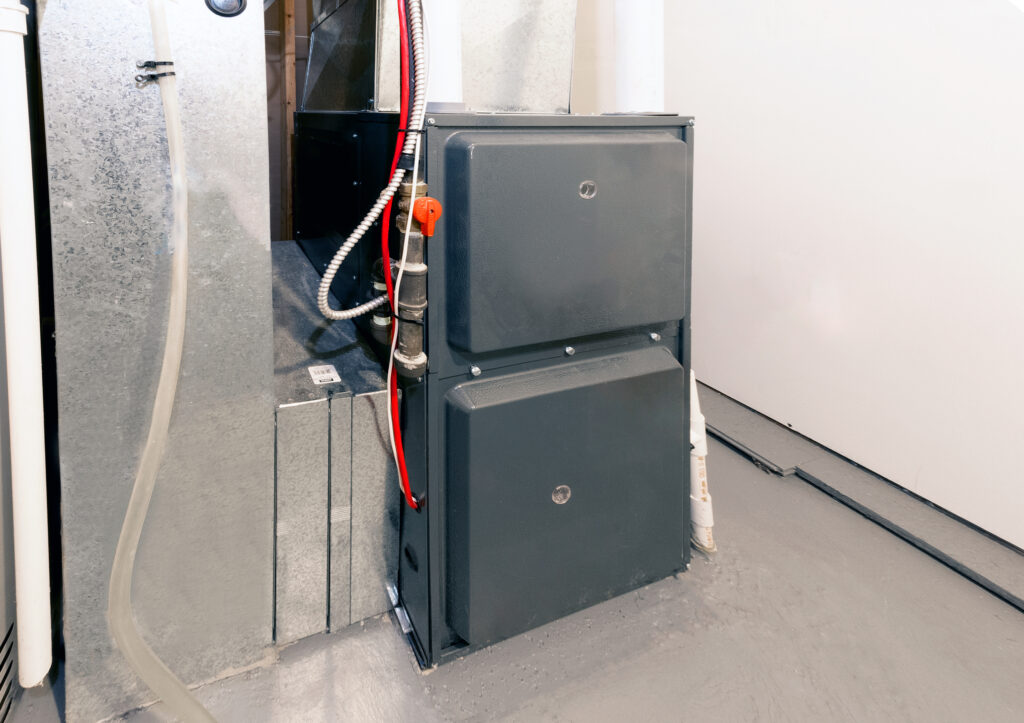 A furnace in a basement